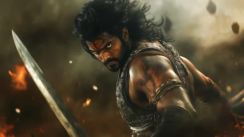 Battle-scarred warrior poised amid cinematic firestorm.