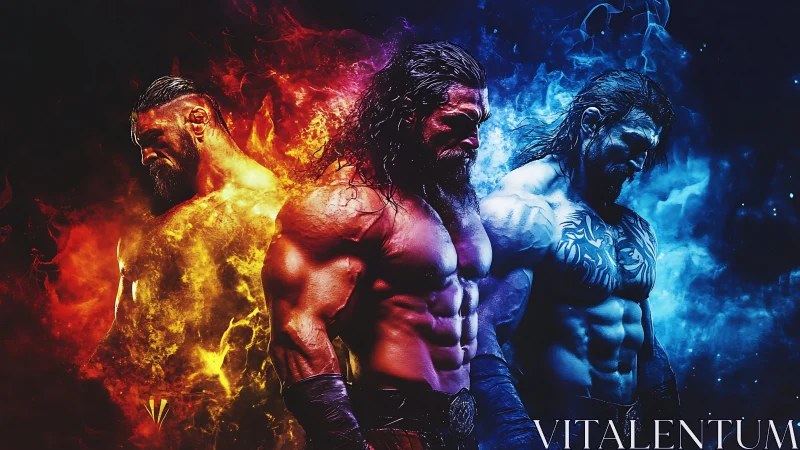Powerful warrior trio glowing in fiery and icy energy.