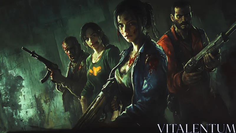 Armed survivors stand together in a dark grimy corridor.