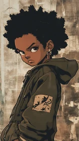 Defiant young figure stands in hooded jacket before worn wall