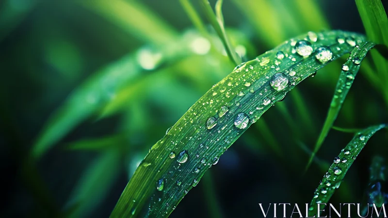Dew-covered grass blade catches vivid morning light