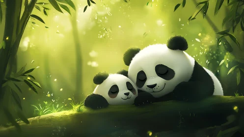 Panda parent and cub sleep on mossy log in soft forest light