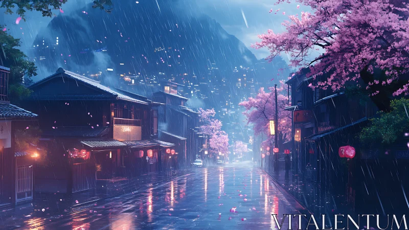 Rain-soaked street with cherry blossoms and city backdrop.