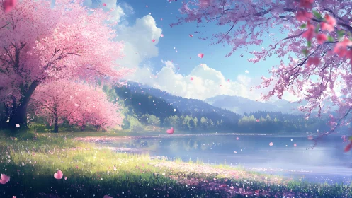 Cherry blossom trees by lakeside under clear spring sky.