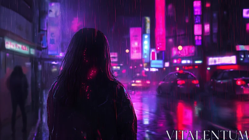 Neon city rainwalk with a quiet lone night wanderer.