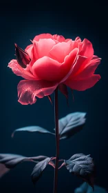 Radiant Coral Rose in Deep Emerald Light.