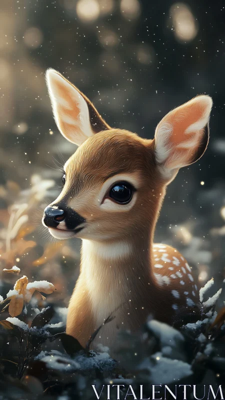 Young deer stands in shallow snow with softly focused background