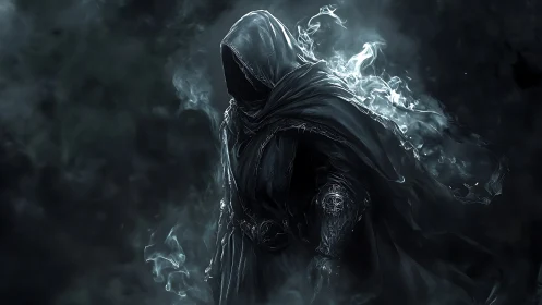 Digital painting of hooded wraith in swirling spectral smoke.