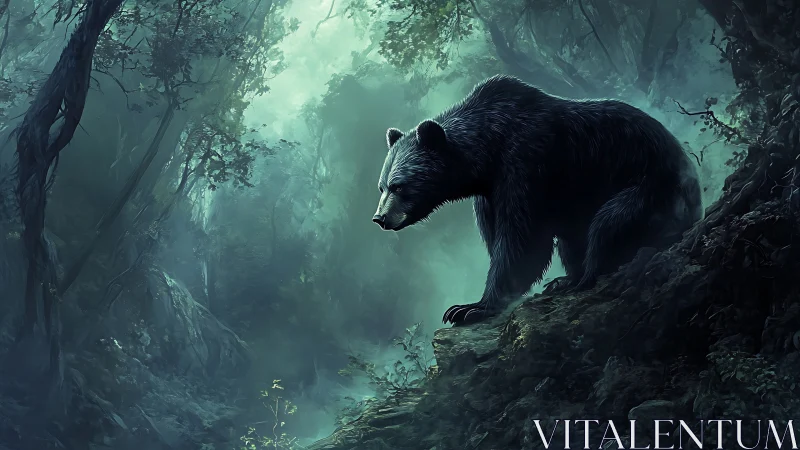 Bear stands on rocky forest slope under diffuse green light