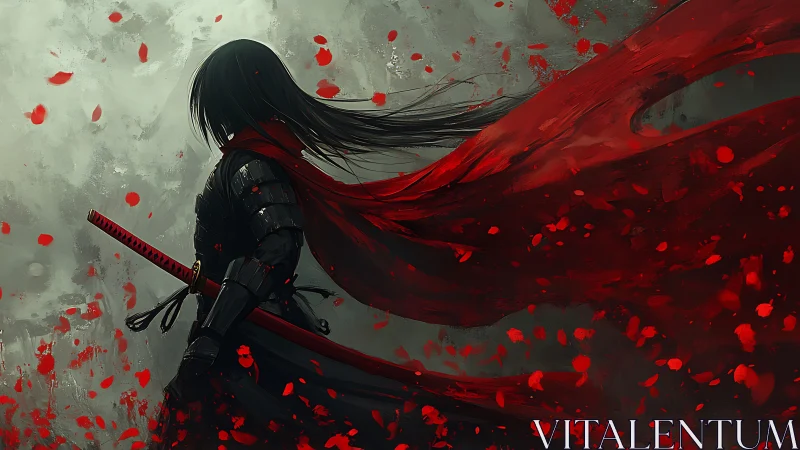 Armored katana wielder in crimson cloak amid red petals.