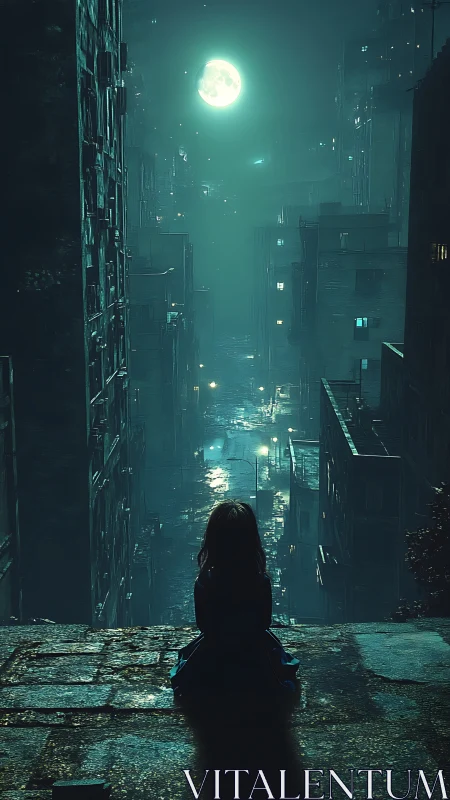 Moonlit child quietly watching a misty neon city breathe