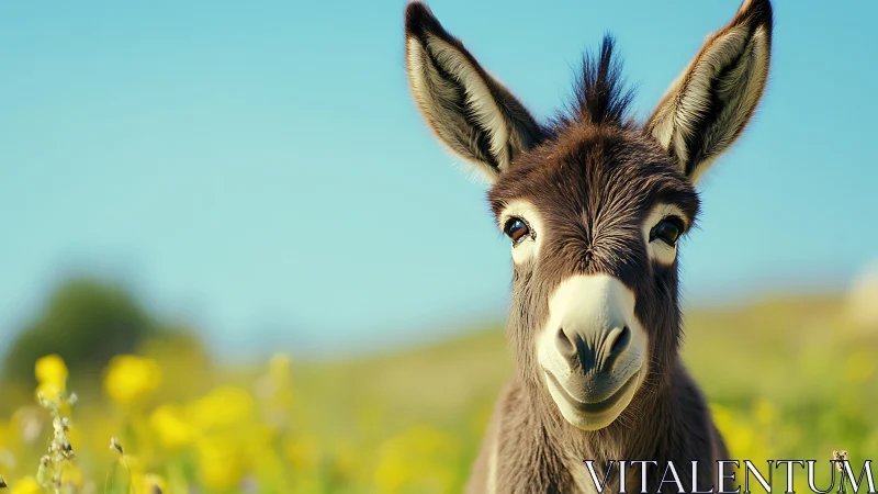 Close-up juvenile donkey portrait in sunny meadow bokeh