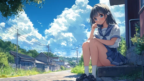 Summer anime schoolgirl on quiet rural street steps.