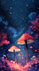 Giant red mushrooms rise in a glowing, starry night forest