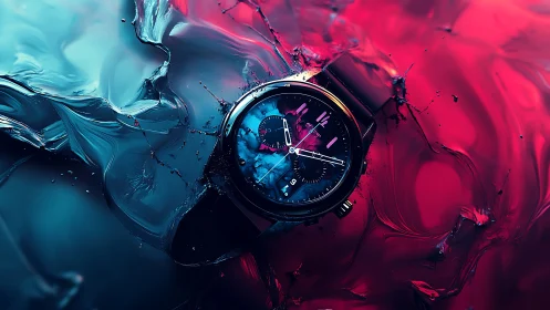Chronograph wristwatch isolated in viscous neon fluid gradients