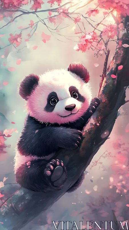 Baby panda clings to cherry tree in soft pink light.