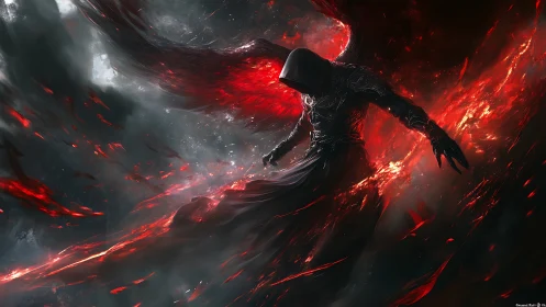 Ember-winged reaper drifts through a crimson storm of ash.