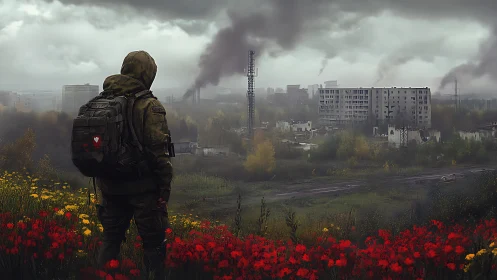 Solitary figure observing ruined industrial cityscape.