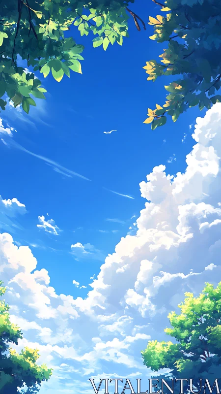 Cumulus cloud columns framed by high-canopy foliage aperture.