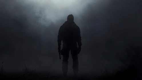 Lone armed figure standing in dense atmospheric fog.