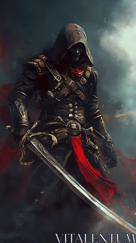 Hooded skeletal warrior in dark armor with red scarf.