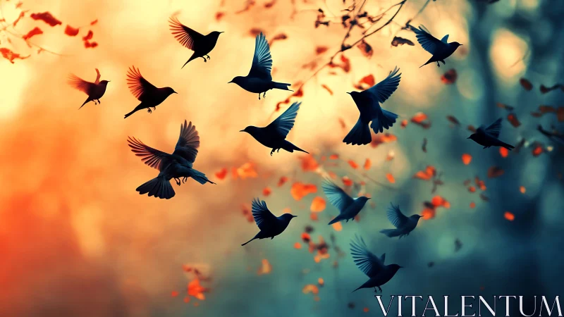 Flock of Birds in Autumn Forest at Sunset, Vibrant Artistic Style.