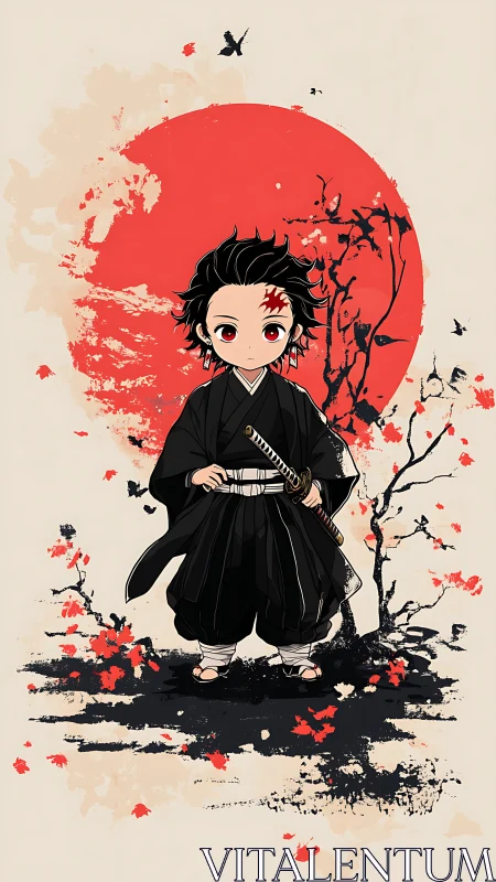 Chibi samurai warrior before bold red sun circle.