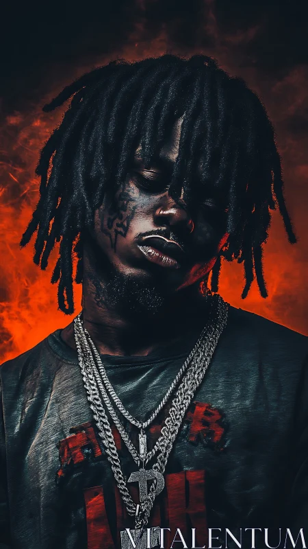 Portrait of a person with chains against fiery red backdrop