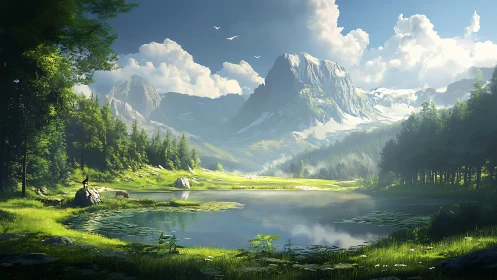 Sunlit alpine lake below towering snowcapped mountains.