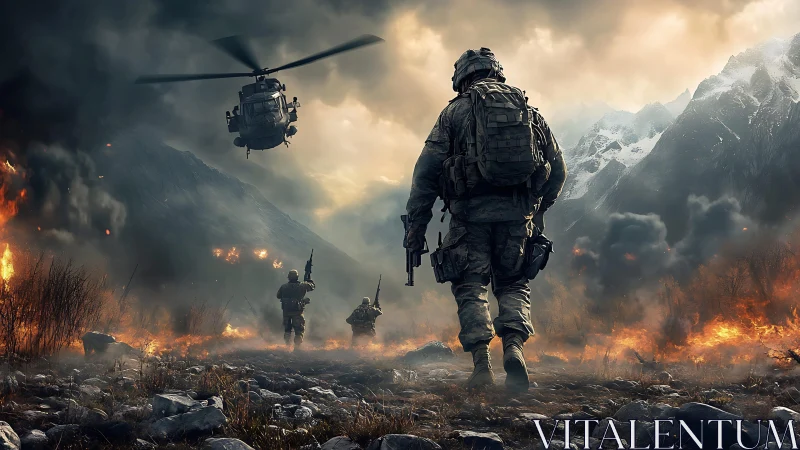 Combat squad advances through burning alpine warzone under fire