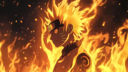 Fiery anime warrior stands engulfed in blazing chakra flames.