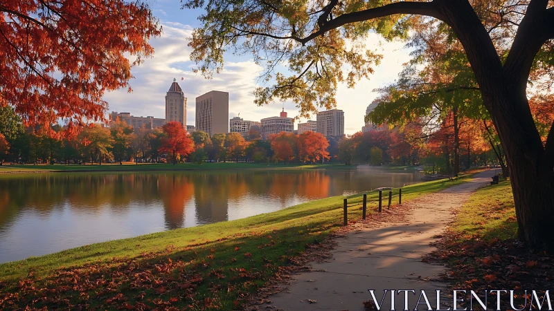 Autumn city park lake with skyline under warm golden light.