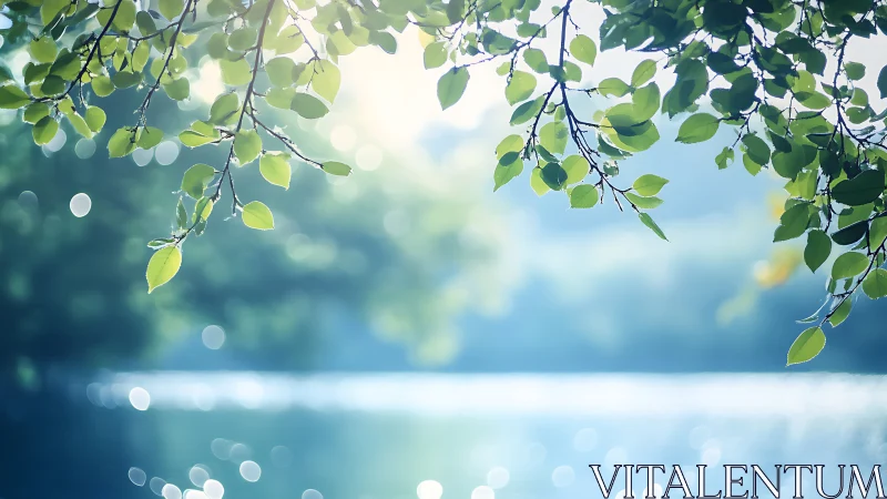Sunlit Green Leaves Over Calm Water in Soft Focus Nature Style.