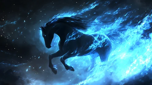 Digital horse silhouette intersects blue flame-like energy field