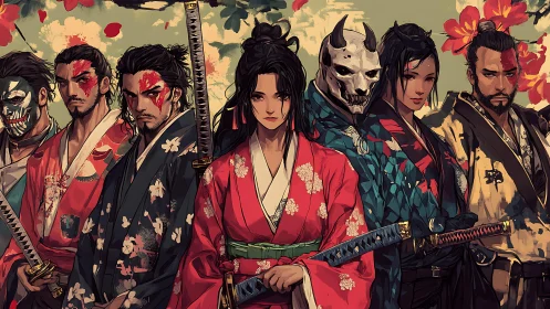 Samurai group portrait in floral robes with swords displayed.