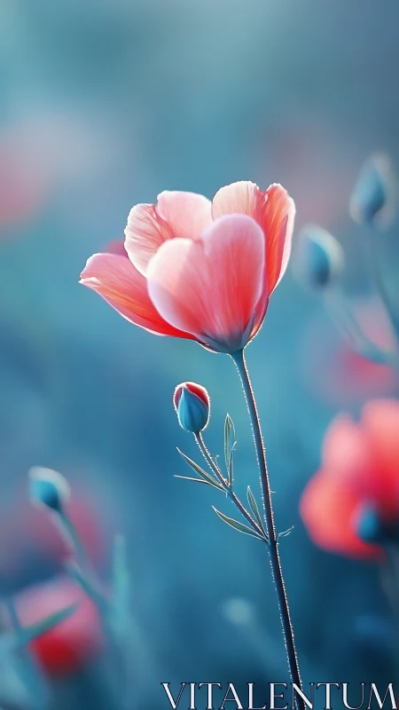 Single red flower stem extends against soft blue background