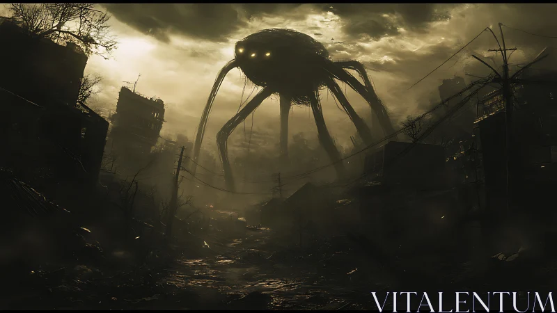 Towering alien walker stalks a ruined city at dusk