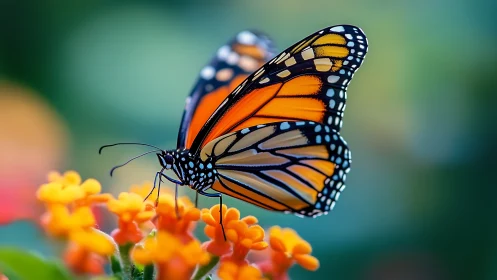 Monarch butterfly rests on vivid orange blossoms in macro focus.