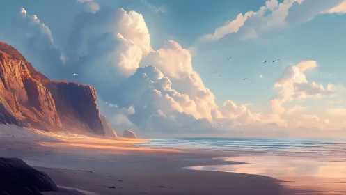 Sunlit coastal cliffs under expansive atmospheric cloudscape.