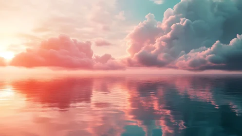 Cotton candy clouds drifting over a glassy pastel sea.