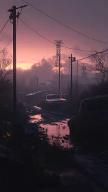 Abandoned industrial road cuts through dusk-lit flooded wasteland