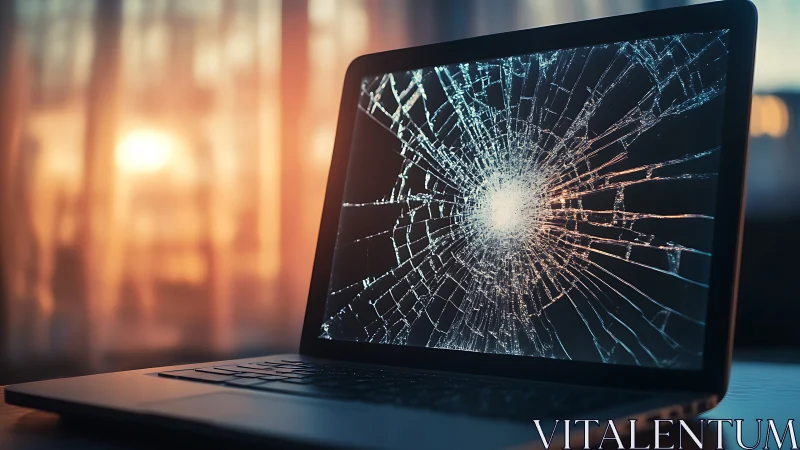Shattered laptop screen catching sunset like fractured glass art.