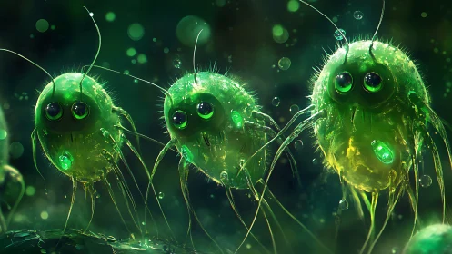 Green bioluminescent micro-organisms with tendrils in liquid