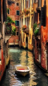 Sunlit Venetian canal with single moored boat and aged facades