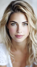 Photorealistic close-up portrait of blonde woman gazing ahead.