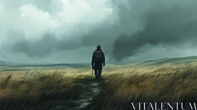 Lone figure walks along narrow path under dense storm clouds