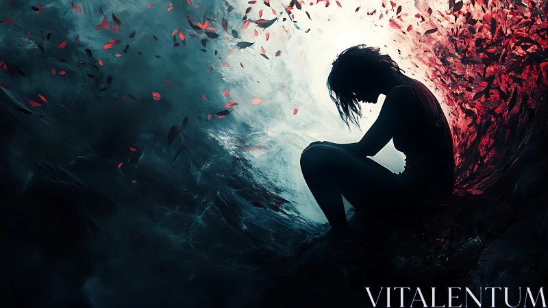 Silhouetted woman in turbulent bicolor vortex of petals and light.