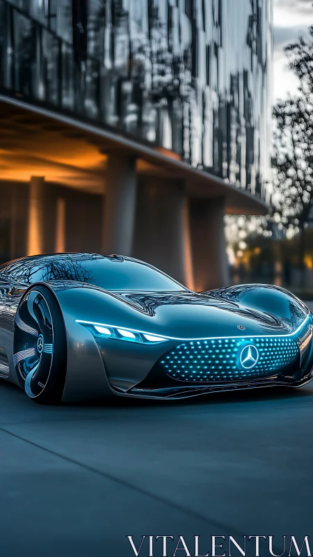 Photorealistic futuristic coupe with luminous grille detailing.