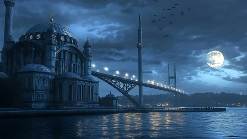 Moonlit bridge and domed skyline over tranquil harbor.