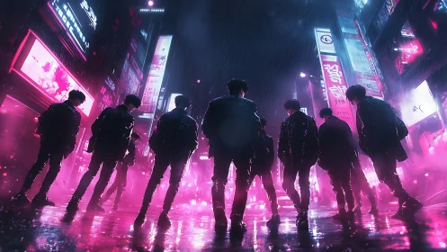 Silhouetted group stands in neon lit urban street at night